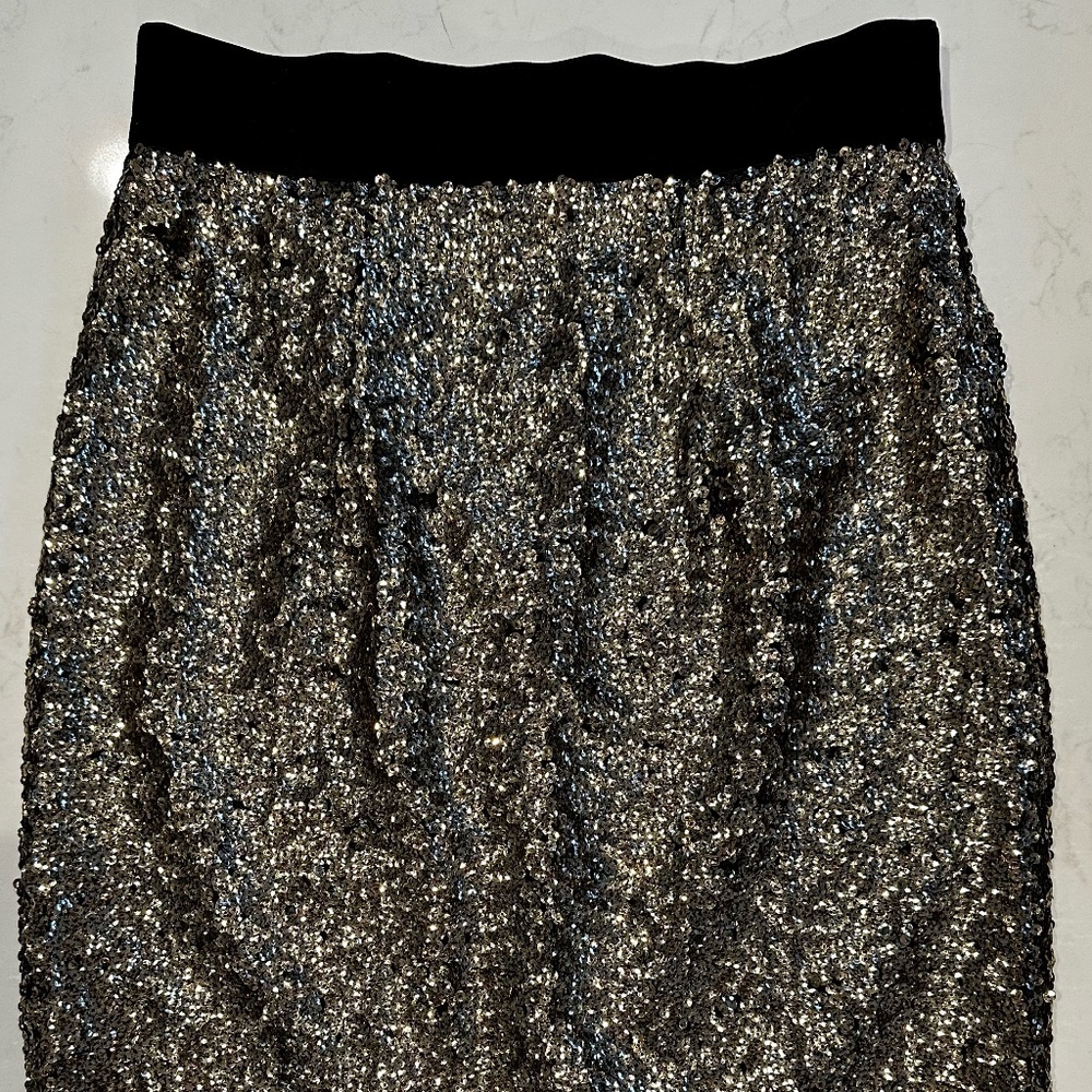 Milly Antique Gold Sequin and Black Velvet Pencil Skirt